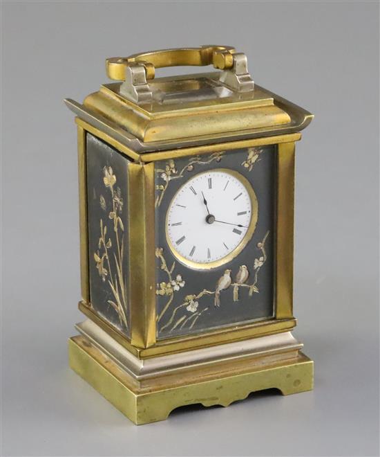 An early 20th century French gilt brass and Komai style miniature carriage timepiece, 3.5in.